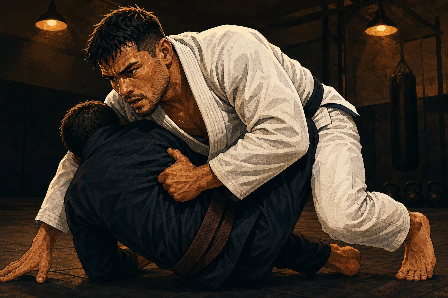 Sportif en kimono blanc lors d'un entraînement BJJ intensif illustrant le contexte d'utilisation de la bêta-alanine