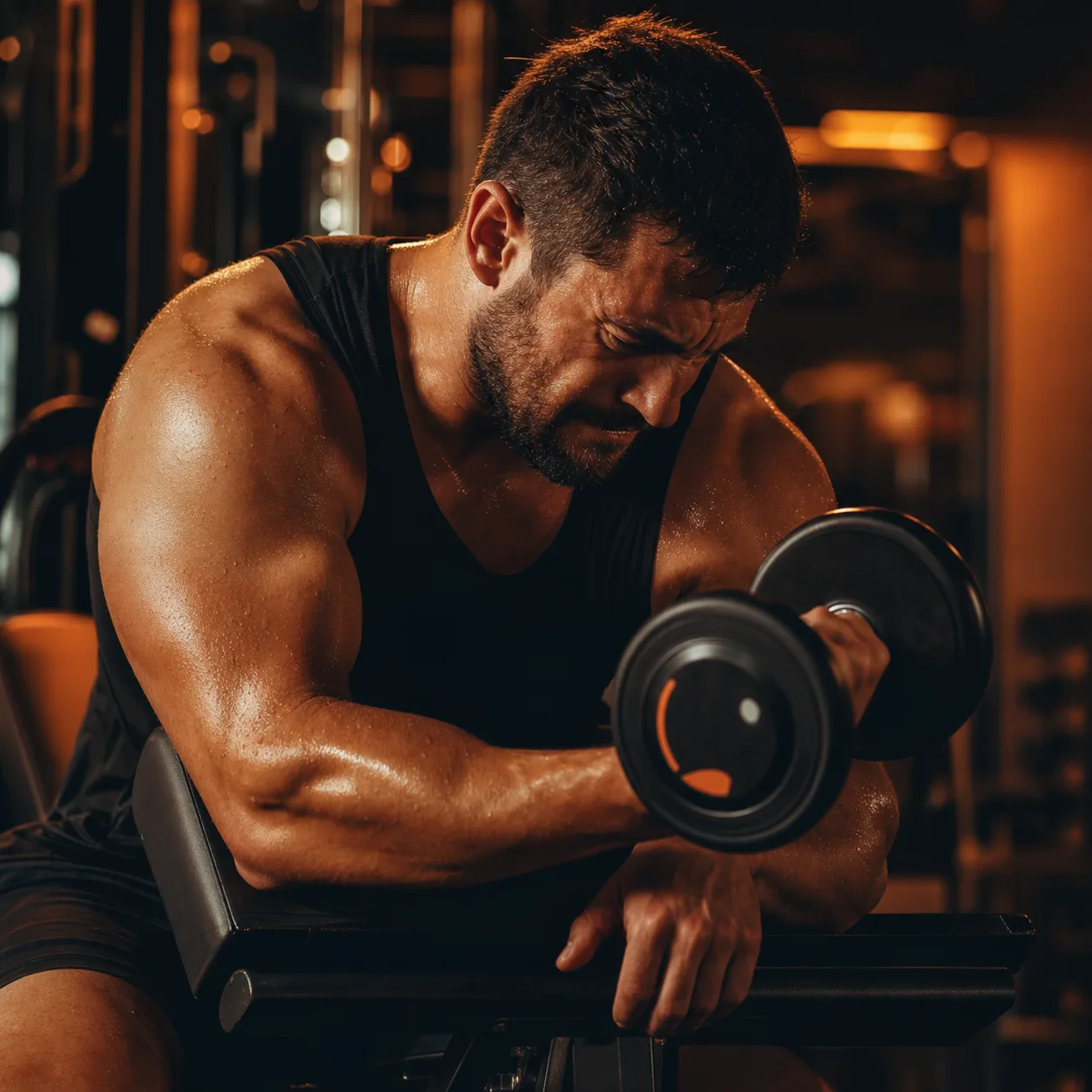 Sportif concentré pendant un curl haltère en salle sombre, éclairage ambre évoquant un effort intense