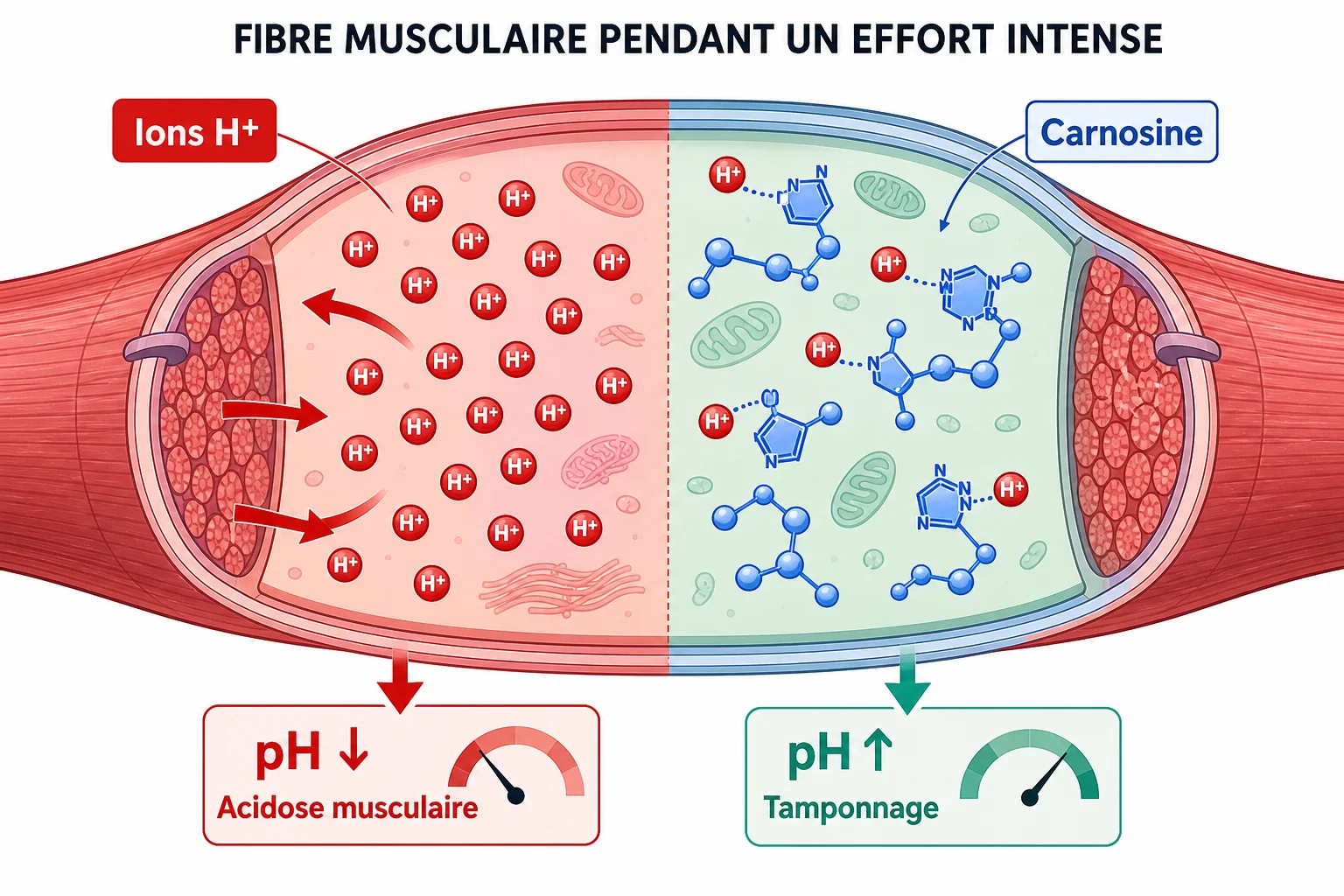 Schéma mécanisme de tamponnage de la carnosine : ions H⁺ produits lors de l'effort capturés par la carnosine musculaire pour maintenir le pH