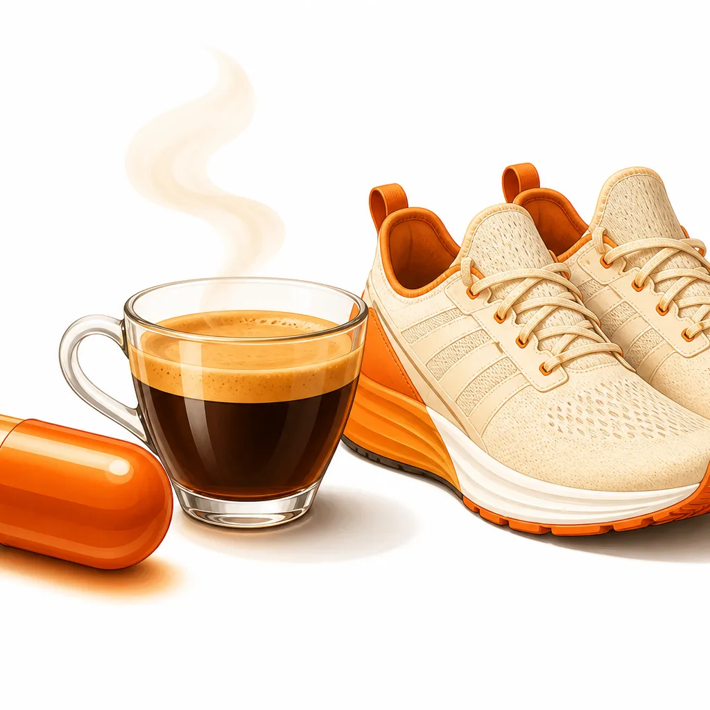 Café fumant, capsule de caféine et chaussures de sport pour illustrer un protocole pré-entraînement